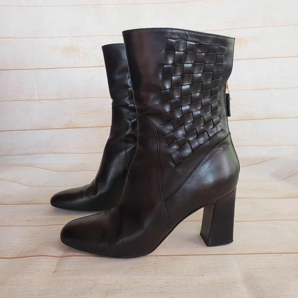 Bellofatto Leather Woven Detail Almond Toe Heeled Boots Booties Black Size 38